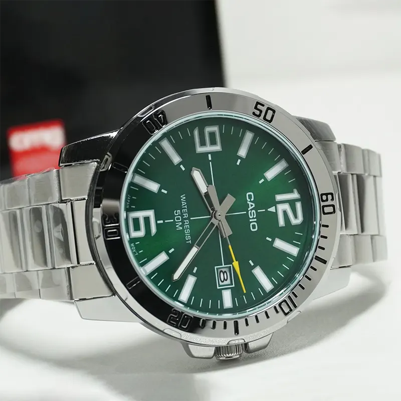 Casio Enticer Green Dial Silver Band Men's Watch- MTP-VD01D-3BV